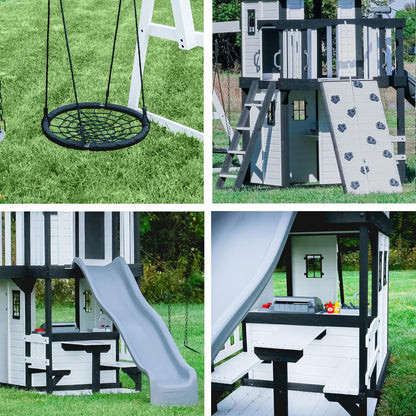 Backyard Discovery Canyon Creek Cedar Wood Swing Set with Wave Slide, Clubhouse, Play Kitchen, Picnic Area, Belt Swings, Web Swing, Rock Wall, Balconies, Playhouse, Step Ladder, Outdoor Playset