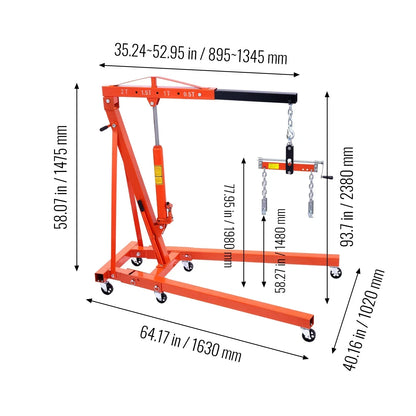 2T Folding Engine Hoist with Leveler, 4400 lbs Capacity, Heavy-Duty Hydraulic Cherry Picker Crane